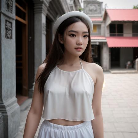 (((solo))) (ultra photorealistic) high quality RAW color professional (half body portrait) photo of a Vietnamese girl 18 years old, ((hyperrealistic aoyem<lora:AoYem_V4_Locon:1>)), wearing yellow aoyem clothes, wearing (long pants), (stand on the ancient city), (hyperrealistic the ancient city background), ((detailed full lips)), ((hyperrealist high detailed hair)), (looking at viewer:1.331), ((visible pores:0.3)), ((high detailed skin:0.9)), (Pale skin oily wet moist shiny sweat:0.8), (uneven skintone veins pale complexion:0.9), intense, modelshoot style, artesian, DSLR, DLSR, art photographer, photographed on a FUJIFILM GFX 100S Camera, Fujifilm GF 63mm lens, F/6 aperture, tele angle, RAW photo ((ultra-detailed)), highly detailed (analog photography), (film grain:0.5), sharp outline, (((sharp focus on face))), (depth of field), POV, 8K, UHD, key light, backlit, diffused soft light, soft lighting, lens flare, natural warm lighting, light from above, (strong front main lighting), crystal clear, high res, photorealistic, depth layering, physically-based rendering, (Ultra detailed)