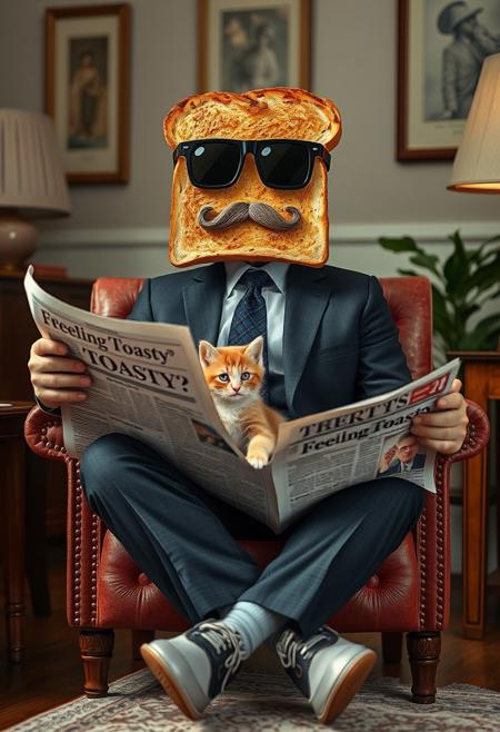 "Create a photorealistic image of a person sitting in a chair, dressed in a business suit, with their legs crossed and holding a newspaper. However, their head is actually just a piece of toast, complete with a mustache and dark aviators drawn on with icing. The toast head should be rendered in exquisite detail, with visible crumbs and texture. The newspaper in their hand should have a headline that reads 'Feeling Toasty?' in bold letters. The person should be sitting in a cozy living room, with a kitten on their lap. The kitten's head should also be a piece of toast, with a face drawn on with icing. The overall effect should be one of playful, whimsical humor, as if the person and kitten are enjoying a relaxing afternoon together." Highest-Quality, 4k, intricate details, visually stunning, Masterpiece