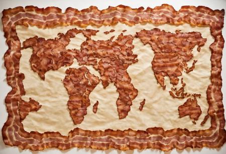 view from above, made of bacon, a detailed (worldmap scroll:1.3) on a table