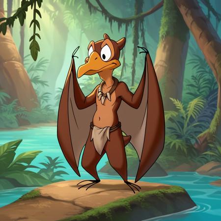 Petrielbt, feral, male, Pteranodon, brown skin, orange beak, black eyes, membranous wings, winged arms, 3 fingers, 3 toes, young feral Petrielbt, anthro, male, Pteranodon, brown skin, orange beak, black eyes, membranous wings, winged arms, 3 fingers, 3 toes, young anthro