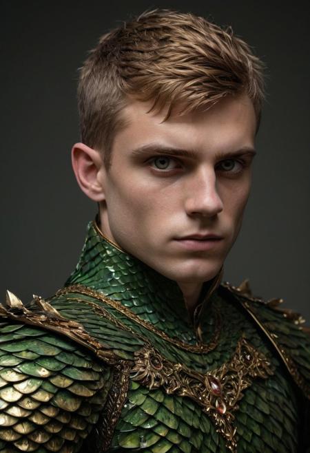 emo haircut, Photorealistic oil painting of (Handsome:1.1) (Polish) (Irish) (Slavic) (bright sapphire eyes) (half-dragon warrior-prince:1.2) with (intricate metallic brass scales seamlessly melded into arm and neck:0.9), 18-year-old, (darkblonde undercut short hair:1.1), (medieval fantasy clothing:1.2), grimdark fantasy, (medieval) fantasy, high fantasy, epic fantasy, (upper body:1.3) (medium shot:1.3) taken with (fujifilm xt3:1.1), film grain, dark style, raking light dramatic hard shadows, (dramatic lighting:0.9), material contrast, cinematic composition, intricate details, masterpiece, visually stunning, evocative, vivid deep hues, brass, red Crystal, (body transformation:1.2), <dhevv:ds-style:rsd1.5>, realistic eyes, scaleborn, scales, undercut, royal, darkgreen armor, symmetrical armor,