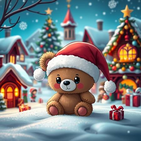 pinkchibihalloween,A small teddy bear a santa hat, in a magical winter town. The background features Santa claus town, with mini elfs and magical creatures around. A Christmas tree and gifts are present in the background. Magical and cozy atmosphere.