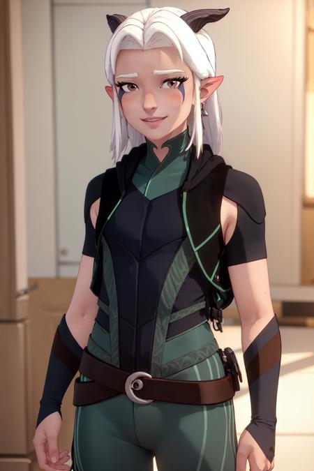 (masterpiece, best quality:1.2), <lora:thedragonprince_rayla-10:0.8>, cowboy shot, solo, 1girl, rayla, smile, looking at viewer, standing, bodysuit