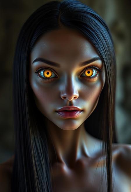 Photographic portrait of a beautiful alien woman with solid yellow eyes, pupil-less, no iris, long straight black hair.