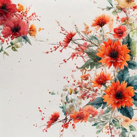 watercolor (mix colors) flowers, corner frame, 75% free space in center, white background