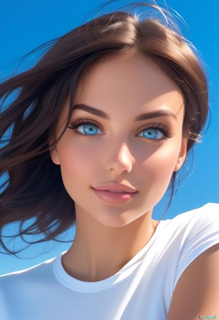 closeup portrait of a stunning lady, neutral expresson, white t-shirt, expressive eyes, sky blue background.
lacrow