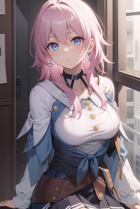 marchseventh, <lora:marchseventh-lora-nochekaiser:1>, 
march seventh, blue eyes, hair between eyes, medium hair, pink eyes, pink hair, two-tone eyes,
BREAK ankle boots, archery shooting glove, badge, bare legs, black choker, black corset, black footwear, black gloves, blue jacket, blue skirt, boots, button badge, buttons, choker, collarbone, corset, earrings, flower ornament, gloves, high heel boots, high heels, jacket, jewelry, long sleeves, miniskirt, partially fingerless gloves, pleated skirt, shirt, single earring, single glove, skirt, thigh strap, tied jacket, underbust, white shirt
BREAK looking at viewer, 
BREAK indoors, classroom,
BREAK <lyco:GoodHands-beta2:1>, (masterpiece:1.2), best quality, high resolution, unity 8k wallpaper, (illustration:0.8), (beautiful detailed eyes:1.6), extremely detailed face, perfect lighting, extremely detailed CG, (perfect hands, perfect anatomy),