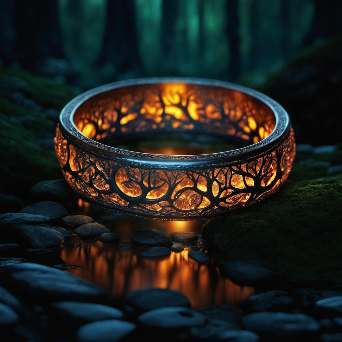 A ring with a tree design on it, on a rock in a forest.