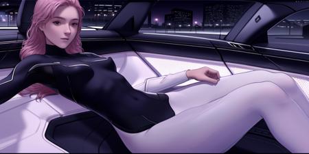 masterpiece, best quality, solo, breasts, pink hair, long hair, medium breasts, night, small breasts, city lights, pilot suit, 1girl, bodysuit, cityscape, car interior, science fiction, fgstyle, <lora:FGstyle:0.8>