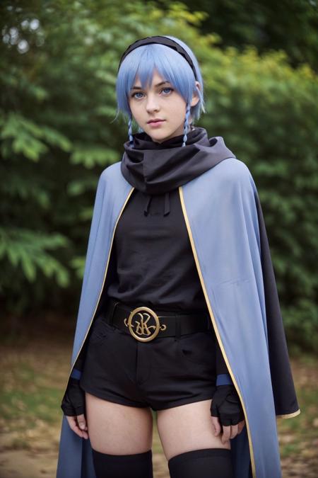 RAW candid cinema, 16mm, analog photo, a cute girl, 22 years old, <lora:SophitiaFemto-15:0.6>, (blue hair, short hair, blue eyes), twin braids, headband, black thighhighs, (black shirt:1.2), black gloves, black belt with golden belt buckle, black shorts, pale skin, scarf, (blue cloak:1.2), color graded portra 400 film, remarkable color, ultra realistic, textured skin, (full body shot:1.5), remarkable detailed pupils, realistic dull skin noise, visible skin detail, skin fuzz, dry skin, shot with cinematic camera, bokeh, sharp focus on subject, shot by Don McCullin,