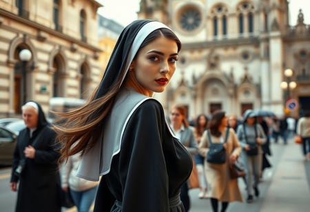 Masterpiece, best quality, score_9, score_8_up, score_7_up, score_6_up, hd, high definition, highly detailed, Retro Photo of a stunningly beautiful young nun walking on a busy sidewalk in front of a cathedral wearing a modest habit, large breasts, long flowing brunette hair, beautiful hazel eyes, delicate features, long neck, curvy hips, tiny waist, slender, round ass, closed mouth, full lips, soft light, glowing light, 1girl, seductive, sensual, making eye contact with viewer while looking over her shoulder