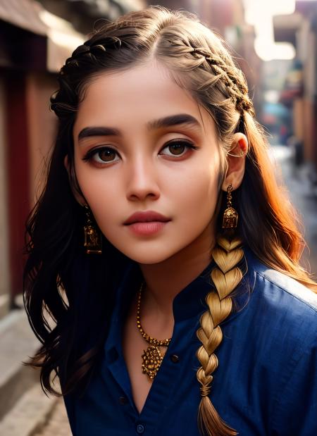 portrait of skswoman, curious , wearing formal wear , with honey blonde Side braid , background alleyway epic (photo, studio lighting, hard light, sony a7, 50 mm, matte skin, pores, colors, hyperdetailed, hyperrealistic), <lyco:Anikha Surendran:1.1>