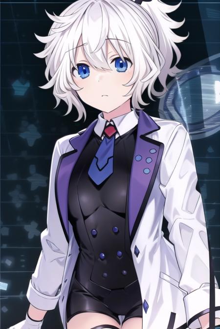 reedio, bangs, blue eyes, hair ornament, hair between eyes, ponytail, white hair, short hair, shirt, thighhighs, gloves, long sleeves, jacket, open clothes, necktie, shoes, shorts, collared shirt, white gloves, black footwear, vest, white thighhighs, open jacket, black shirt, short shorts, white jacket, white shorts,