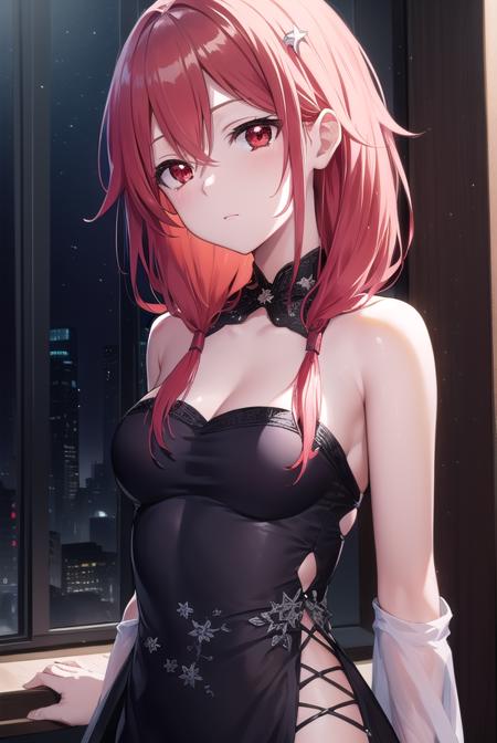 inori yuzuriha, hair ornament, hairclip, long hair, pink hair, (red eyes:1.5), twintails, bare shoulders, black thighhighs, center opening, cleavage, detached sleeves, elbow gloves, fingerless gloves, gloves, navel, thighhighs, dress, red dress, black dress, dress, strapless, strapless dress,