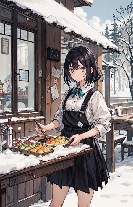 best quality, detailed background, girl,sea, cafeteria, bird, snow, winter,