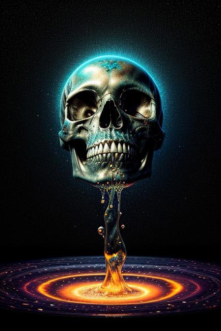 A close-up photorealistic image of a crystallic floating skull facing the viewer with its mouth open, pouring from it's mouth a shimmering liquid resembling the universe onto the ground, filled with rich stars and swirling galaxies. A simple void background enhances the dark atmosphere, shrouded in fog, capturing the hypnotic flow and shimmer of the cosmic liquid, indian view,
