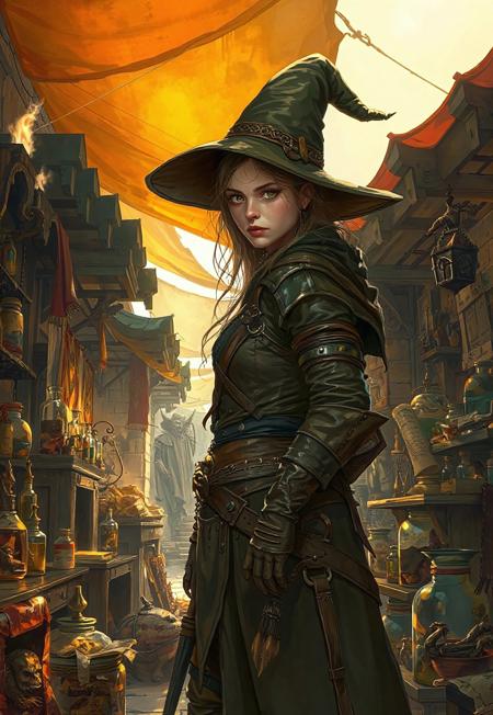 masterpiece, ultra-detailed, digital illustration, a young witch facing the viewer, navigating a bustling medieval market on a bright afternoon, wearing distressed leather armor and garments, a wand dangling at her side like a symbol of her power. Surrounding her is an alchemical stall brimming with glowing vials, arcane instruments, parchment scrolls, and preserved creatures in jars. Golden sunlight filters through colorful canvas awnings, casting angular shadows and highlights across the market scene. The atmosphere blends Sean Aaberg’s gritty punk fantasy style, Mike Allred’s bold comic outlines and colors, Caravaggio’s dramatic light and shadow, and Ted Nasmith’s intricate medieval detailing.