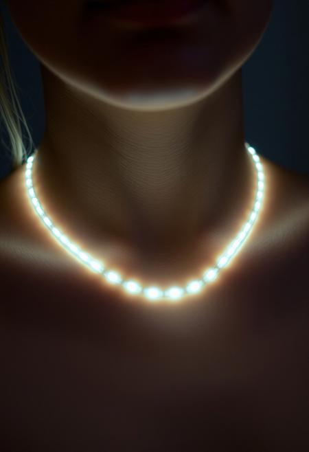 subdermal LED halo necklace, (internal LED glow:1.7), (embedded LEDs:1.8) forming a circular pattern of glowing light beneath the skin, (radiant light rings:1.6) encircling the neck, soft light radiating smoothly outward, (delicate glowing circles:1.6) creating a halo-like effect around the collarbone, natural skin tone with soft light diffusion, (high-definition:1.7), (ultra-realistic skin textures:1.8), seamless light transitions following the neck’s contour, elegant yet understated, (worn jewelry:-1.8), (visible necklace:-1.8), (unnatural glow:-1.5), glowing light rings forming a radiant, refined pattern beneath the skin, perfect for formal and casual wear