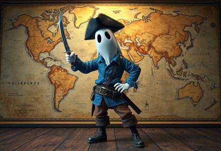"A hyperdetailed cinematic matte painting of a Ghost Pirate standing confidently on a wooden surface, dressed in a blue shirt and brown pants, with a black hat perched on its head. The pirate wields a sword in its right hand, ready for an imaginary duel, while its left hand rests on its hip, exuding an adventurous spirit. Behind the figure, a meticulously detailed world map serves as a backdrop, adding a sense of exploration and adventure. The composition is playful yet dynamic, evoking the spirit of pirate lore. Rendered in Octane and Unreal Engine 5, with 4K resolution, lifelike details, sharp lines, and stunning, harmonious colors. The scene features captivating lighting, a dynamic action pose, and a creative angle, trending on ArtStation and CGSociety. Inspired by the styles of Raphael, Houdini, and Grammer Effect, with vivid emotions and a powerful message. The pirate’s face and eyes are exquisitely detailed, showcasing handcrafted precision and impeccable composition. Kodak Ektar film aesthetic, no text, trending on Instagram and ArtStationHQ."