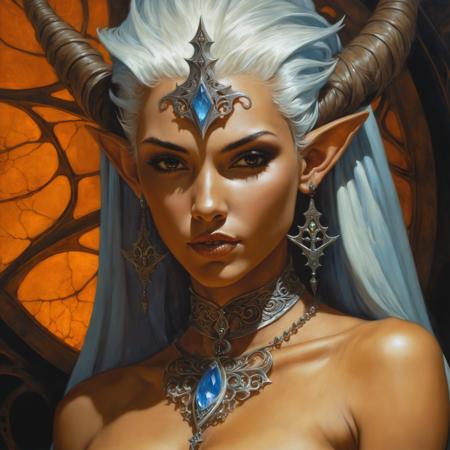 award winning painting by gerald brom, close up, fractal hairstyle of a beautiful tanned elf sorceress, 8k resolution, trending on art station