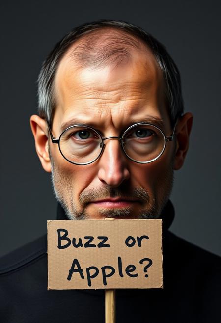 A highly detailed mugshot of a man resembling Steve Jobs, shown from the shoulders up. The man has a sad, contemplative expression with slightly downturned eyes and a subtle frown. The lighting is well-done, illuminating his face clearly without harsh shadows. The background is plain, and he is holding a piece of cardboard in front of him that reads 'Buzz or Apple?'. The image should be realistic and capture a somber mood, with attention to the texture of his skin, his iconic round glasses, and the simplicity of his black turtleneck shirt