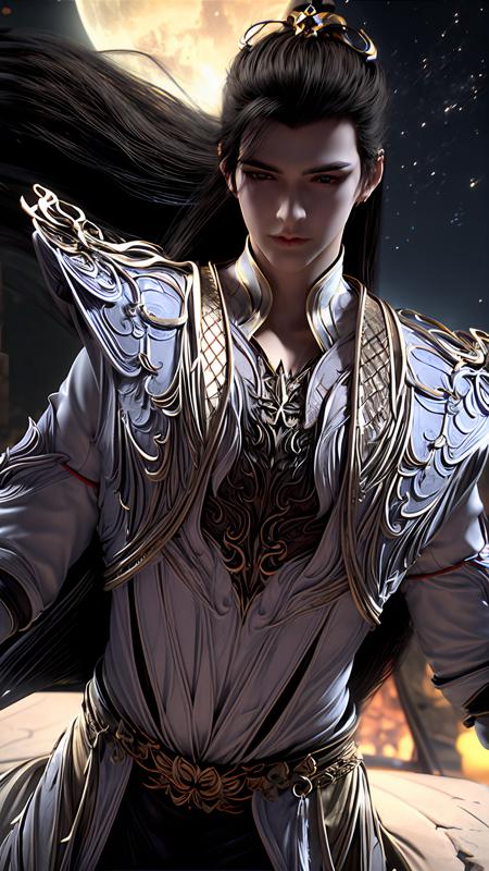 <lora:shihao_20240104015127-000004:1>,shihao,a majestic posture,(starry_sky:1.3),bright moon,wonderland,portrait,hair crown,<lora:more_details:1.1>,