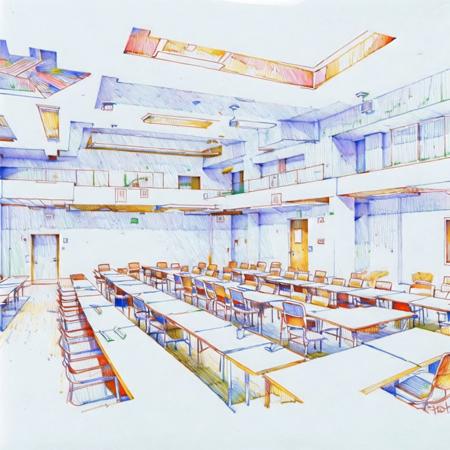 <lora:tmari:1>, tmari,  sketch, traditional media, ballpen drawing, white background, 

<lora:liminalspaces2:1>, liminalspaces, old soviet university building main conference hall