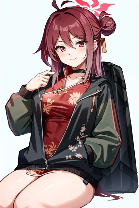 <lora:Kayama Reijo:0.8>, kayama reijo, 1girl, solo, long hair, breasts, looking at viewer, blush, simple background, red eyes, long sleeves, white background, hair between eyes, closed mouth, jacket, red hair, choker, bag, hair bun, black jacket, black choker, halo, chinese clothes, china dress, hand in pocket, smile, sitting