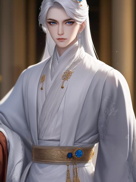 Best quality, masterpiece, highly detailed wallpaper, long hair, blue eyes, holding, blurry, long sleeves, blurry background, solo, 1boy, jewelry, white hair, chinese clothes, male focus, looking at viewer, crown, robe, hair ornament, closed mouth