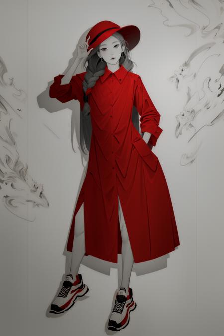 (a person in a red coat and hat), (monochrome), sketch, (hand well), (finger well), (long braided hair), (bangs), with in frame, ultra-detailed, 8k, masterpiece, beautiful detailed face, (volumetric lighting), beautiful detailed eyes, (ambient light), realistic shadows, (fullbody:1), (1girl), (cowboy shot), looking at viewer, perfect body, body well:1, leg well:1, arm well:1 