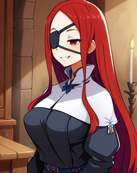 Marietta, right eyepatch, long red hair, grin, red eyes, 
blue roped belt,long sleeves,black dress, 
 sitting,  upper body, 
castle, indoors,  
 (insanely detailed, beautiful detailed face, masterpiece, beautiful detailed eyes, best quality)
 <lora:Marietta-10v6:0.8>