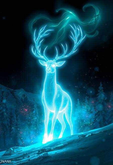 JNANX,luminous white silhouette,cyan glow,emerald highlights,flickering outline,dreamlike movement,rippling colors,drifting embers,infinite black background,psychedelic colors,ethereal,futuristic surrealism,gw,glowing,night,night sky,trippy,
score_9, score_8_up, score_7_up, source_anime, deep colors, high quality, high resolution, detailed, highres, 
fr0stwrld, snow, ice,
ice deer cyb0rg, science fiction, cable, mechanical parts,
mountain forest background,