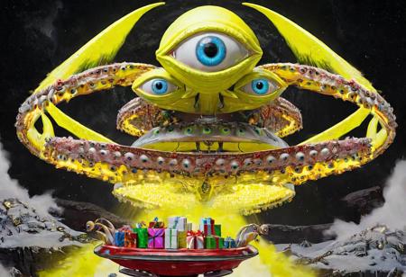 seraphins, mystical creature with hundreds of eyes and wings, roswell alien with yellow christmas hat, delivering presents with santa riding a ufo sleigh, intricate complexity, surreal horror, inverted neon yellow drip paint, photoreal