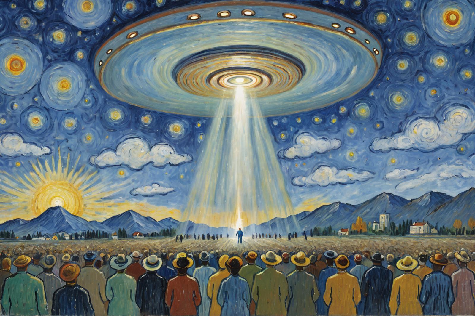 A painting of a man standing in front of a crowd as a UFO descends with a beam of light.