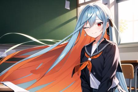 (masterpiece), best quality, ultra-detailed, illustration, warm lighting, bright colors, 1girl, solo, very long hair, white hair, orange hair, orange inner hair, red eyes, colored inner hair, two-tone hair, ahoge, absurdly long hair, orange colored inner hair, multicolored hair, halo, 

flowing hair, wind, one eye closed, floating, 

school, indoors, classroom, school uniform, desk, chalk board, chalk, teacher desk, pencil, seat, stool, student desk, learning, education, paper, written notes, writing, windows, plaid skirt, plaid, bored, chair, day, school chair, sitting, food,  serafuku,

 <lora:sigmav2:0.8>