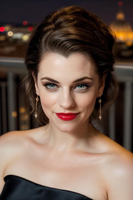 Professional photograph of JDG Woman, (portrait), she's looking at the camera, smiling, wearing red lipstick, eyeliner, earrings. She's wearing a black formal dress. Standing in a balcony, overlooking city of Rome. Modern Rome, night time, starry sky background, palazzos, beautiful buildings. She has dark hair, her hair is pulled back and combed to the sides, she has blue eyes, and a beautiful smile. 4k, 8k, masterpiece, highest quality, bokeh, absurdres <lora:Jessica De Gouw 1.0 by Mal-1716:0.8> <lora:add_detail:0.6> brow risen
