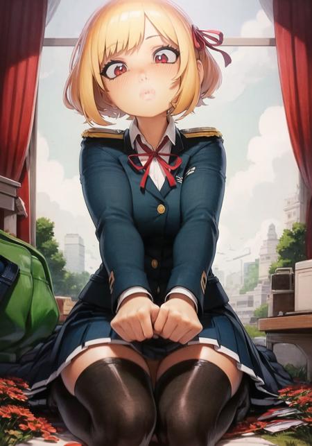 1girl, solo, looking at viewer, blush, short hair, bangs, blonde hair, red eyes, thighhighs, dress, ribbon, jewelry, sitting, school uniform, hair ribbon, black thighhighs, clothes lift, red ribbon, cosplay, neck ribbon, red dress, blue ribbon, wind, wind lift, pleated dress, grey dress, two-tone dress, skirt tug, lycoris uniform, nishikigi chisato <lora:omardogan-20:1>