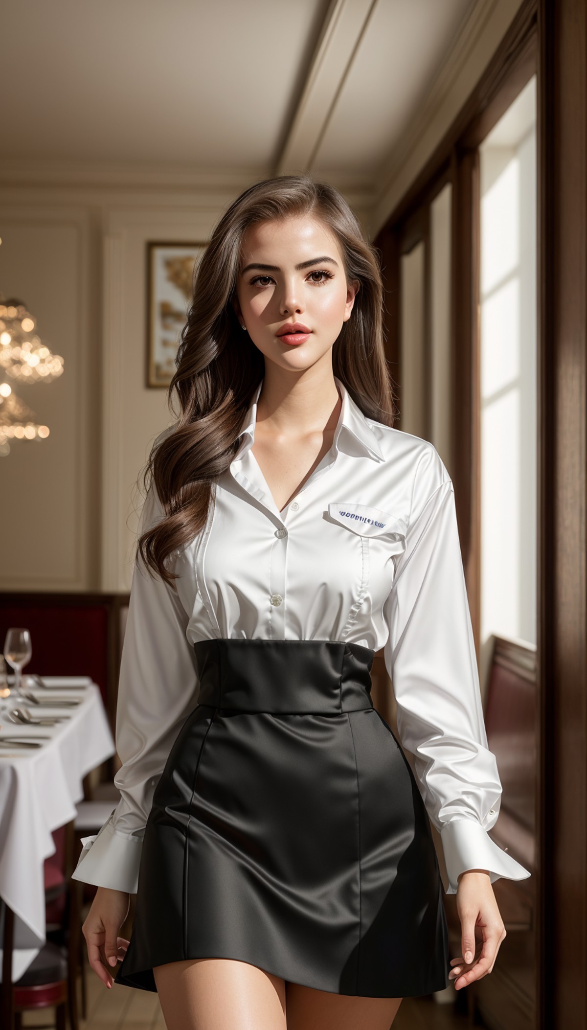 photo of (4l3xbotez:0.99), a woman as a waitress, (((walking in a fancy french restaurant))), modelshoot style, (extremely...