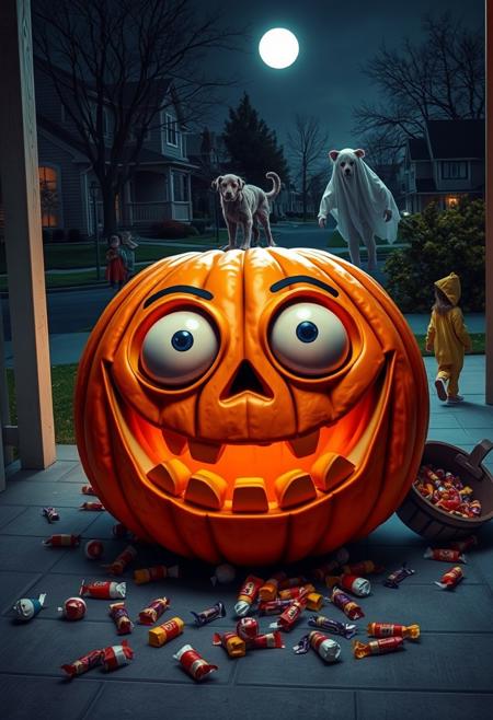 A large jack-o-lantern with an exaggerated, goofy grin and oversized, bulging eyes. The pumpkin is sitting on a porch surrounded by scattered candy wrappers and a tipped-over bowl of candy. The background is a moonlit suburban street, with children in the distance dressed in comical costumes, like a dog dressed as a cat and a ghost with its sheet tangled up in a bush. The whole scene is playful and lighthearted, capturing the goofy chaos of Halloween night.