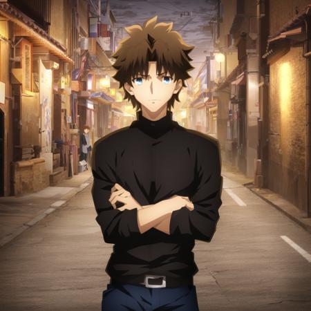 ufotable style, upper body, street, night, dim light, messy hair, 1boy, brown hair, blue eyes, smirk, white shirt
 <lyco:ufotable_style_lycoris_v3:1.0>