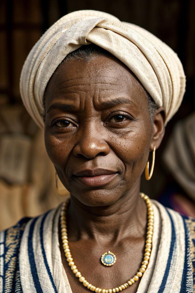 Older African woman wearing a head wrap and gold jewelry.