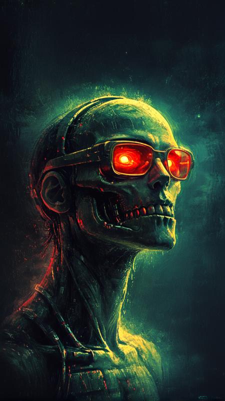 novuschroma style, chrmtcgldCE_style, ImpressionistStrokes, <lora:MidjourneyV6.1:1>, midjourneyv6.1, Wide shot of cyborg man with a half-mechanical, half-organic zombie face, night sight glasses with a red light on the side, which covers a large part of the robot's face.  he has  a modern stealth suit, with cables from head to the
 gas mask, red hair punk crest, tattoo of a wheel. Golden teeth, earrings with skulls, ring with skull
A futuristic design,  with metallic or high-tech elements
Headphones plus microphone, with a modern and advanced style
Virtual reality glasses, worn over the shoulder. hyper detailed 3d rendering.
Background:
A post-apocalyptic city by night.
