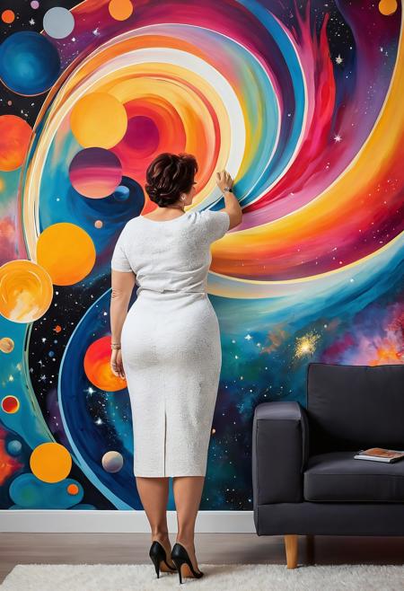 add_detail, masterpiece, a curvy mature woman admiring a vibrant cosmic mural in a modern studio setting. Created in an oil on canvas style, the artwork showcases a blend of abstract and representational elements., perfect as a striking wallpaper.