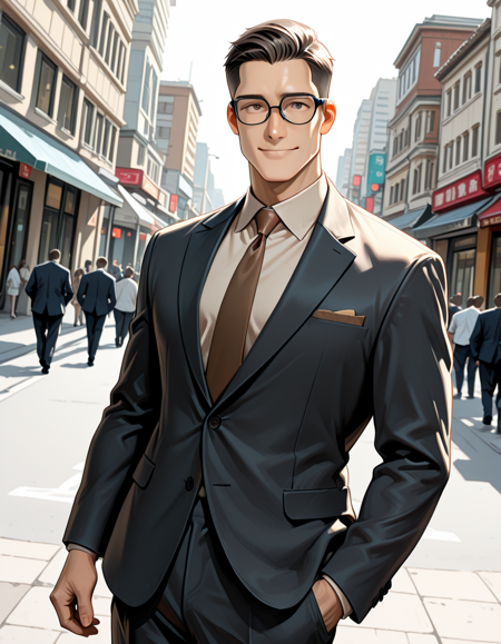 8K,absurdres,very aesthetic,masterpiece,highly_detailed,best_quality,newest,1boy,brown hair,facing viewer,brown eyes,very short hair,suit,tie,pants,street,smile,dutch angle,<lora:Gentlemans_Cut_ILLUSTRIOUS_Classic_Hairstyle:1>,black eyewear,
