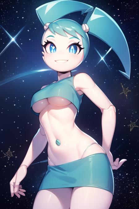 a beautiful and detailed image of jenny wakeman,crop top, skirt, female, robot, white skin, smile, blue eyes,looking at viewer, medium tits, eyelashes, portrait, stars, ((sparkles)), smug, space background,underboob
<lora:jenny wakemanv1:1>