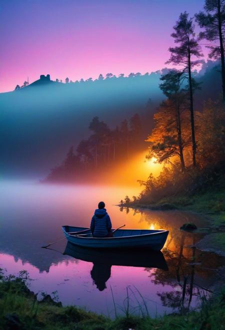 (Neon Light Trails Photography by Marion Ettlinger and Alyson Hunter:1.2), castle on top of hill with haunted atmosphere, star sky,( award winning, (aesthetic of abstract landscape with wailing atmosphere:0.1),dystopian style from the cave you can see a smooth lake, a girl and a dog are sitting in a boat, there is fog on the shore, a dark forest, mountains are illuminated by dawn in a haze . bleak, post-apocalyptic, somber, dramatic, highly detailed
 battle stancevibrant,  , highly detailed,byJocelyn Hobbie and Charles Dwyer, Triadic color guide,Leica Q2 with Summilux 28mm f/1.7 ASPH, ,clear face, Ultra High Resolution,