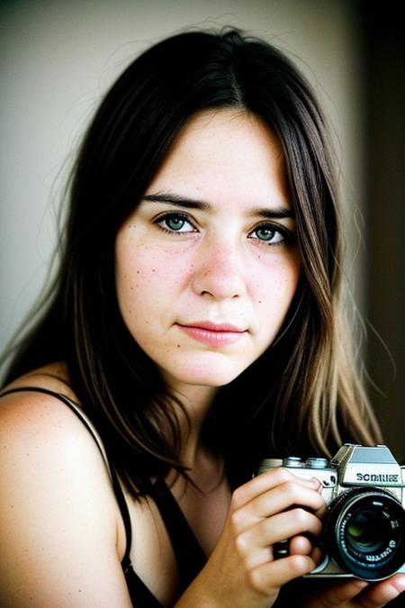 The image portrays a young woman with long, dark hair holding a vintage camera close to her face, partially obscuring one of her eyes. She gazes directly into the lens with an intense, thoughtful expression. The photograph has a distinct cinematic and nostalgic aesthetic, with soft lighting, a grainy texture, and subtle color grading that gives it a vintage, film-like quality.
Subject and Composition
The subject's face is positioned slightly off-center, drawing immediate attention to her sharp and expressive features. Her dark, well-defined eyebrows frame her deep-set eyes, which are slightly shadowed, adding to the introspective mood of the image. Her lips, which are slightly parted and tinted a natural red, contrast subtly with her smooth, pale skin. Strands of hair fall loosely across her face, reinforcing the unposed, organic nature of the portrait.
The camera she holds is an older model, silver and black with a rounded lens, possibly a vintage point-and-shoot film camera. Its reflective surface catches some light, making it a noticeable focal point. Her fingers gently rest on the camera's body, showcasing her relaxed grip, suggesting familiarity and comfort with the device. The camera partially obscures her left eye, creating an artistic and symbolic interplay between the act of capturing an image and being observed.