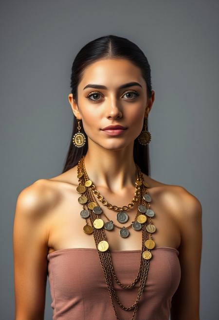 symmetrical front view, front view, beautiful woman with her left bare shoulder covered with jewelry made with coins and chains, grey background studio