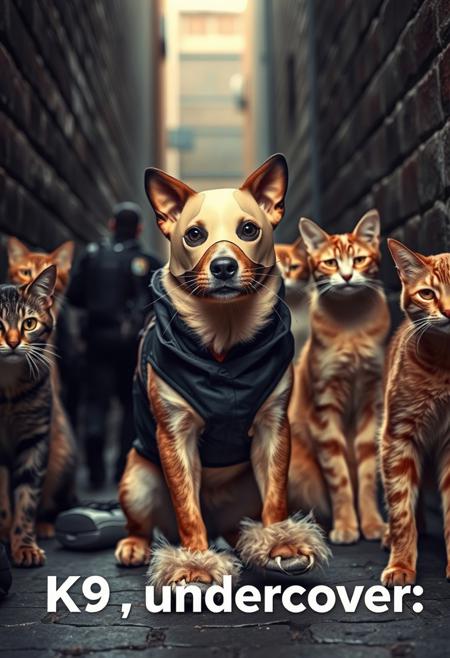 undercover dog cop in cat costume among a group of wild cats in a dark alleyway, the dog is wearing a paper cat mask, fluffy shoes resembling cat paws and a fleece cat tail, with text that reads: "K9 undercover"