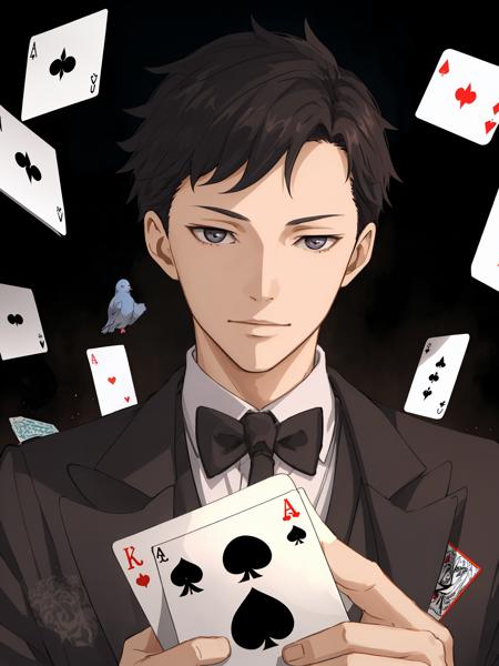 1male,tianqi, stage,magician,Pigeon in shoulder,magician, Playing card,Beautiful Lighting,face,masterpiece, best quality, <lora:tianqi-v2:1>